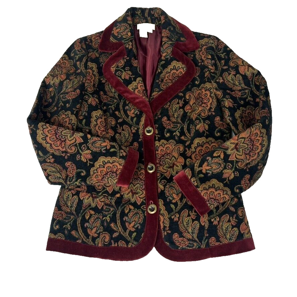 Territory Ahead Blazer Jacket Women 4 Floral Brocade Maroon Velvet Trim Tapestry